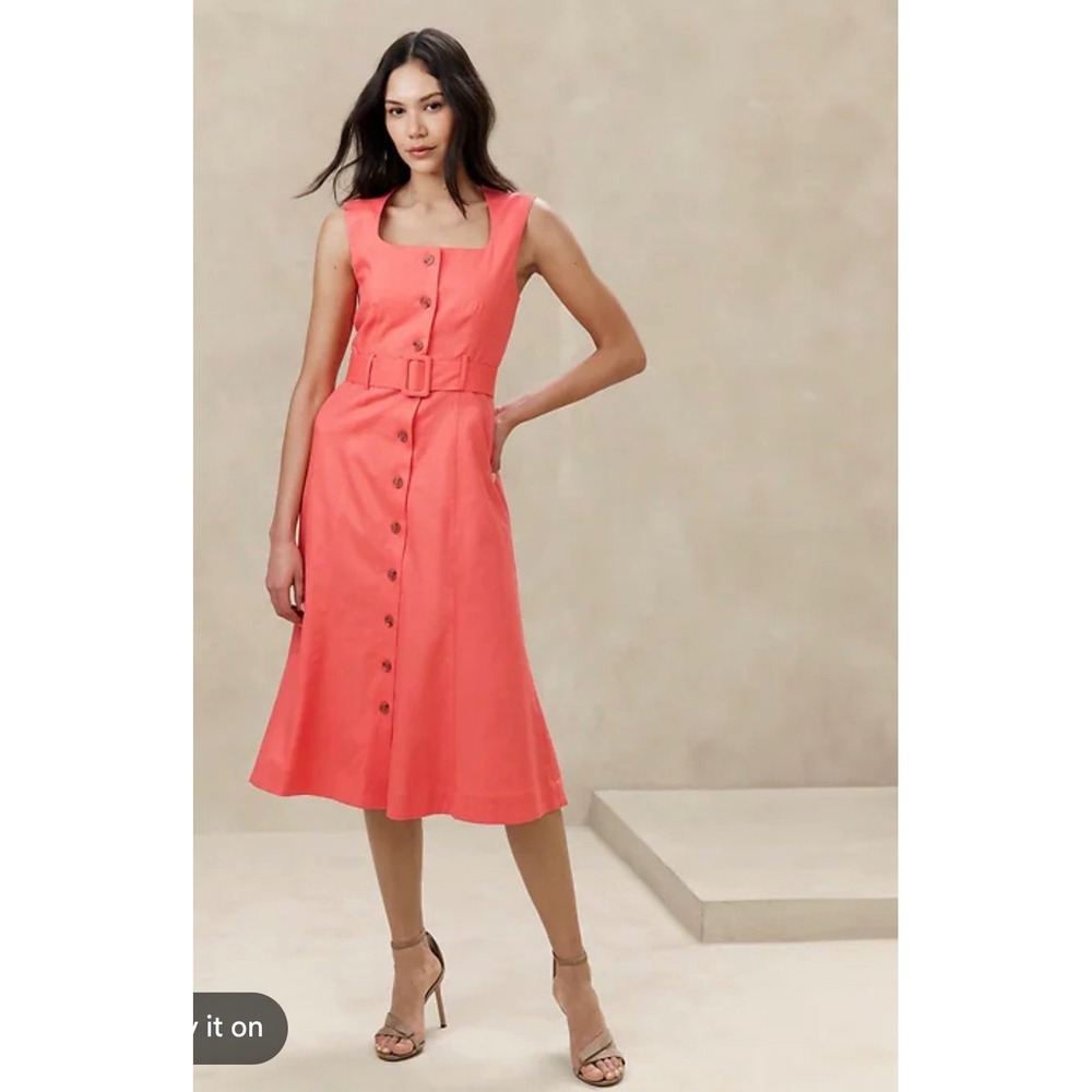 Banana Republic Womens 18 Coral Linen Blend Button Front‎ Belted Midi Dress